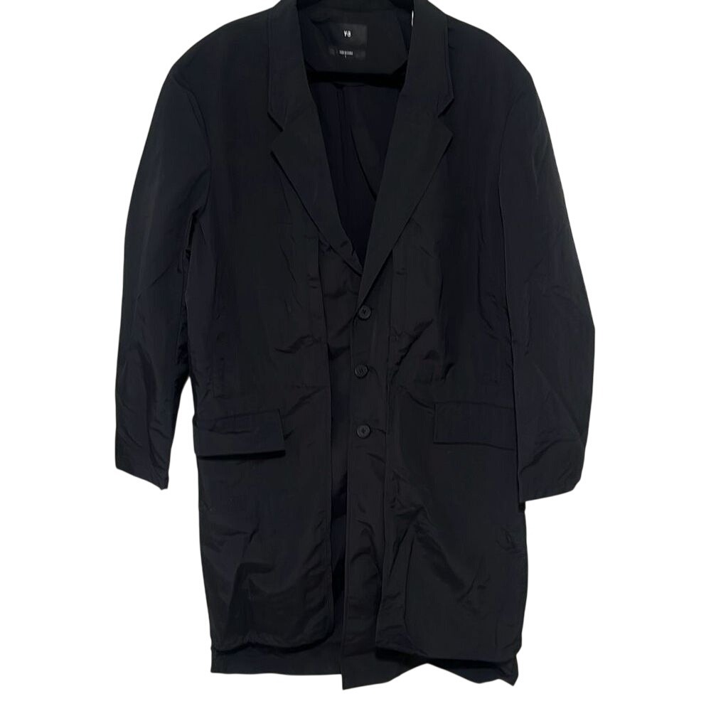 NWT Y-3 Mens Solid Black Long Sleeve Nylon Overcoat Jacket Size Large